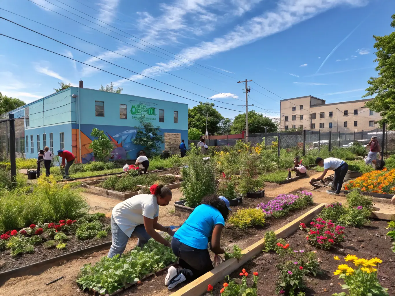 A vibrant image of VDL members tending to a community garden, filled with colorful flowers and vegetables.