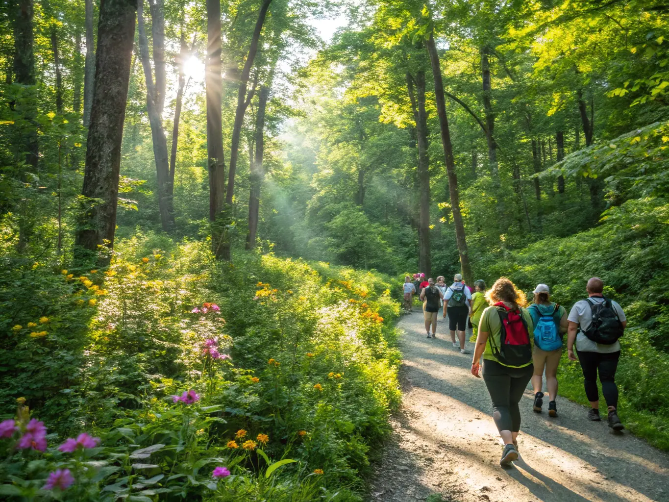A group of VDL members hiking through a lush forest trail, showcasing the hiking activity offered by VDL.